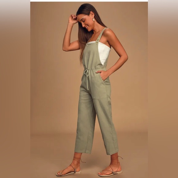 Lulus Pants - Verona Sage Green Drawstring Wide-Leg Jumpsuit